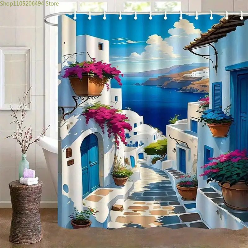 Home Bathroom Design Ideas - Santorini Greek Island Shower Curtain Blue