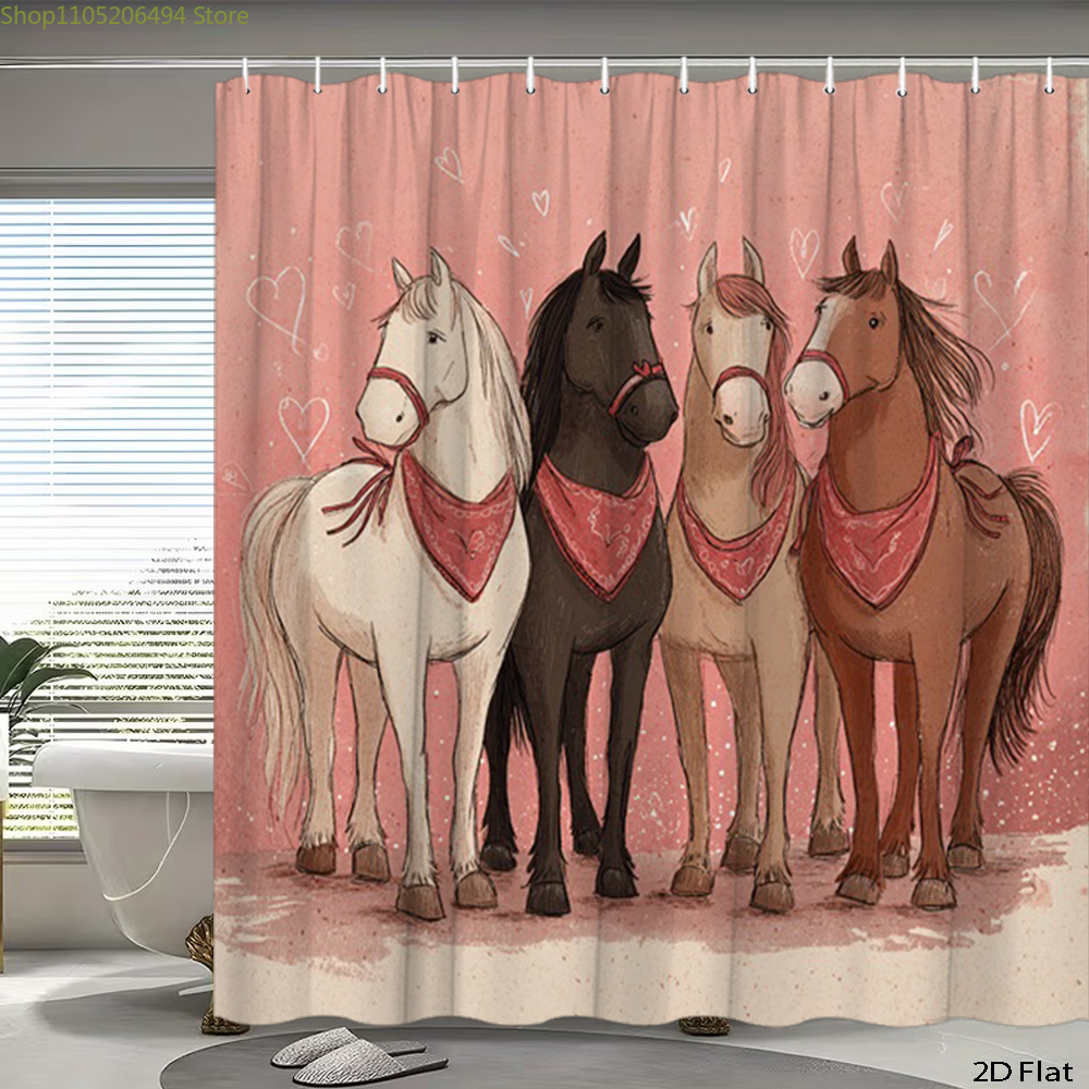 Home Bathroom Design Ideas - Cute Horses Shower Curtain, Cartoon Animal